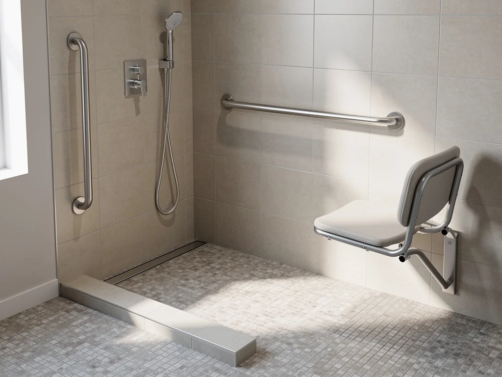 Douche senior carrelée avec siège rabattable et barres d'appui en inox