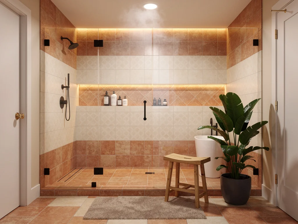 Salle de bain rénovée aux tons chauds avec douche de plain-pied